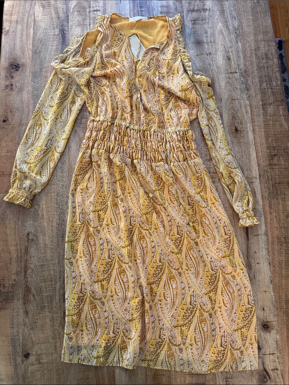 Michael Kors Yellow Paisley Cold-Shoulder Midi Dress with Smocked Waist NEW NWT
